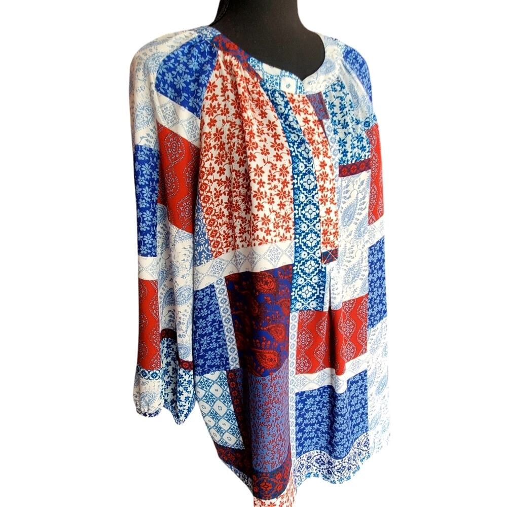 Zac & Rachel Size L Women’s red & blue patchwork design silky smooth | EUC